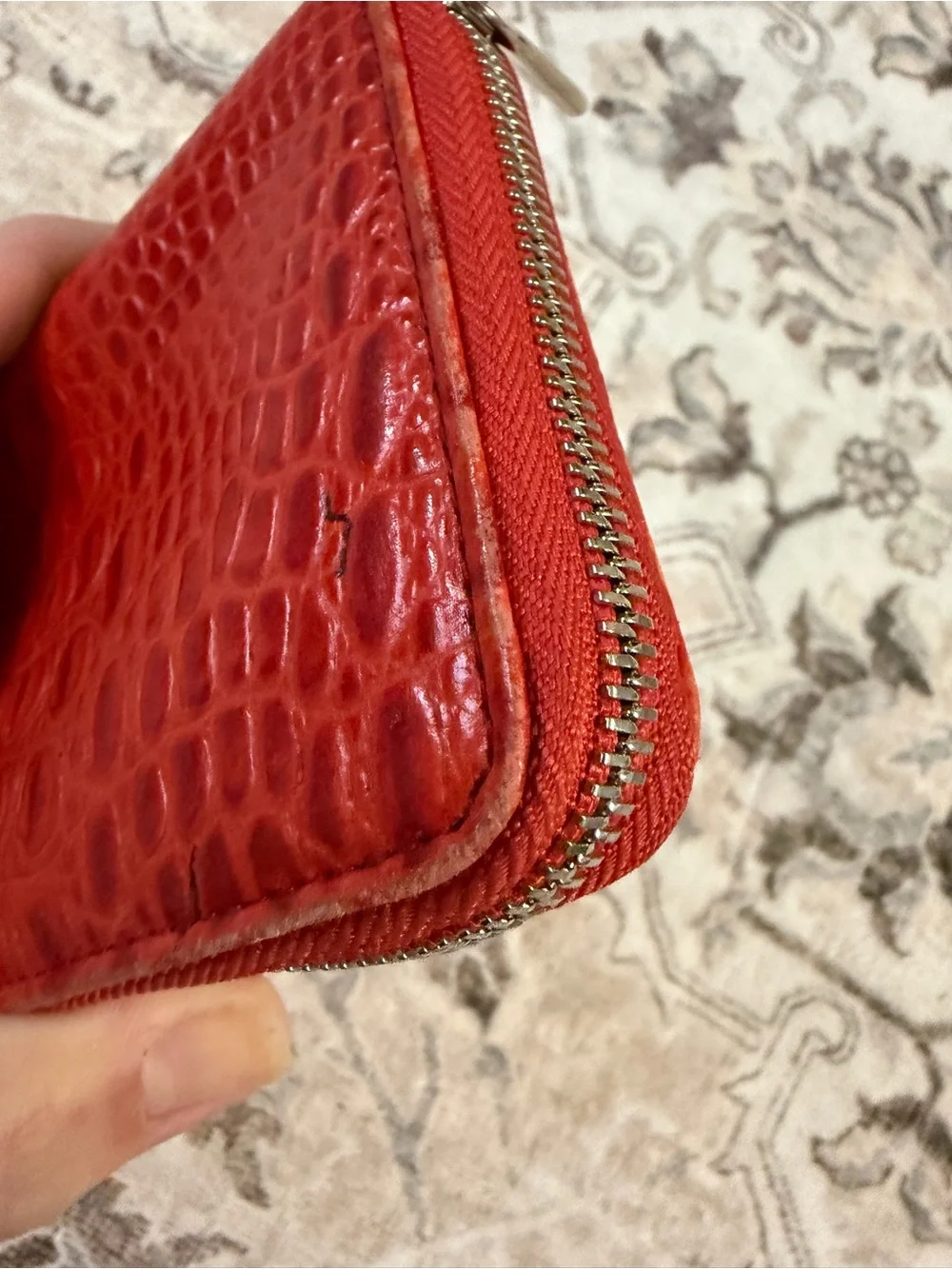 FURLA leather red/orange croc-Embossed Zip-around Wallet